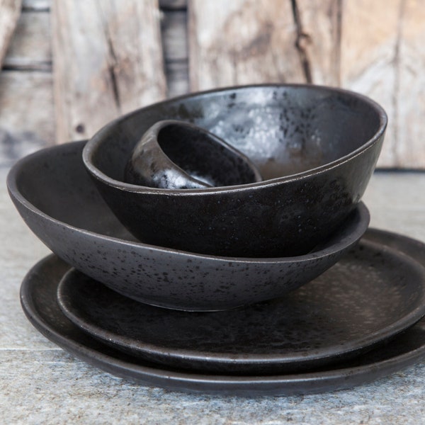 Black Dinnerware Set Settler Gift, Handmade Ceramic Dishes, Industrial Farmhouse Kitchen Pottery Tableware 30th Anniversary  Parents Present