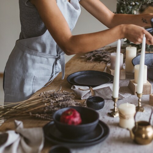 Christmas dinner holiday table setup, simple circle ceramic dish set, Christmas shops wife gift, handmade dinner and cake plates, soup bowl