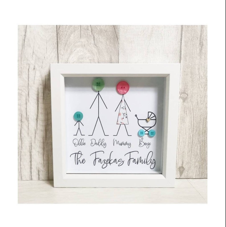 May include: A white framed picture with a family portrait made of buttons. The family includes a father, mother, son, and a baby in a stroller. The text below the portrait reads "The Fazekas Family".
