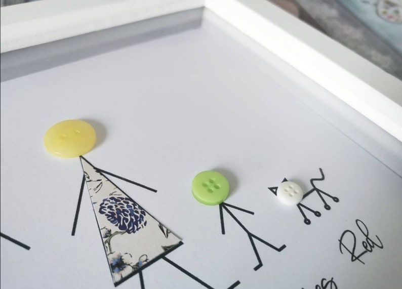 May include: A white frame with a white background and black stick figures. The stick figures have buttons for heads. The buttons are yellow, green, and white. The text "Red" is written in black ink at the bottom of the frame.