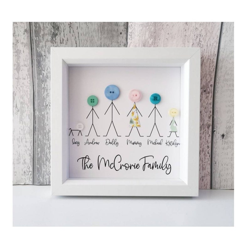May include: A white framed picture with a white background. The picture shows a family of six represented by stick figures with buttons for heads. The names "Shay, Andrew, Daddy, Mummy, Michael, Katalyn" are written below the figures. The text "The McCrorie Family" is written below the names.