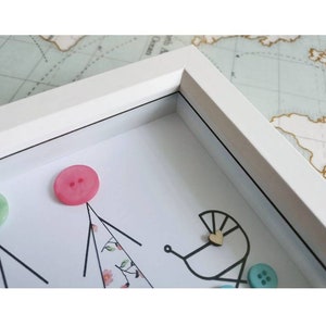 May include: A white frame with a black mat surrounding a white card with a pink button, a green button, and a black and white illustration of a person with a floral dress and a stroller with a wooden heart.