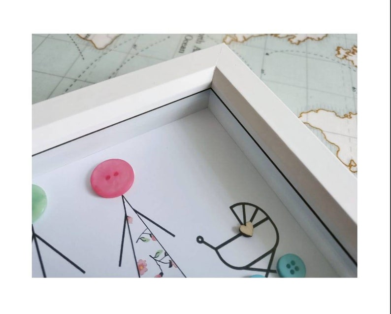 May include: A white frame with a black mat surrounding a white card with a pink button, a green button, and a black and white illustration of a person with a floral dress and a stroller with a wooden heart.