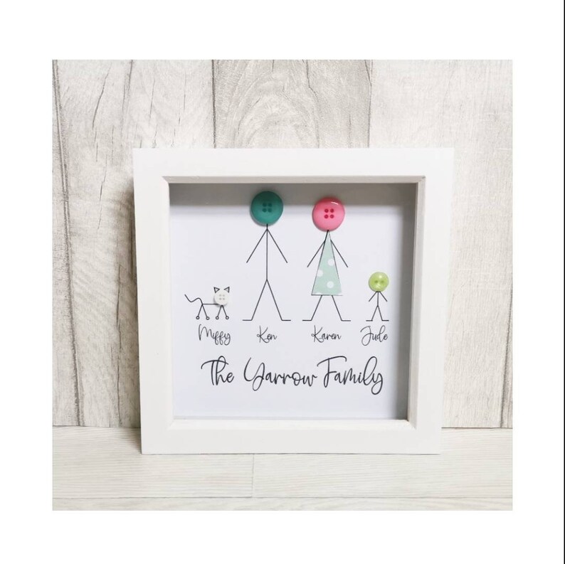May include: A white frame with a white mat and a white background. The background has a black stick figure family with a cat. The family members are labeled "Ken", "Karen", and "Jude". The cat is labeled "Muffy". The text "The Garrow Family" is below the family.