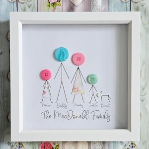 May include: A white framed picture with a white background. The picture shows a family of five stick figures made with buttons. The family is labeled "The MacDonald Family" with the names "Muse", "Daddy", "Murray", "Freddie", and "Biscuit" underneath each figure.
