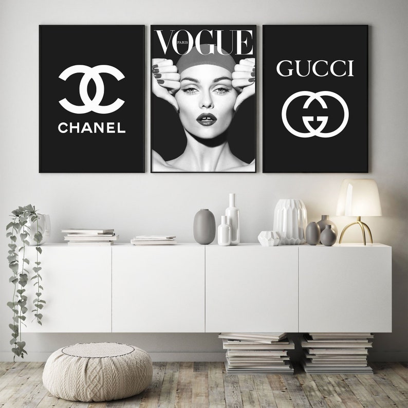 vogue print set of 3 prints bedroom wall decor fashion chanel etsy