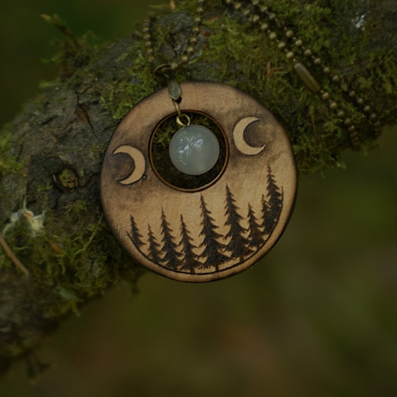 Triple Moon Goddess Jewelry For Witches Wood Wiccan Necklaces - Moonstone Triple Moon Pendant Triple Moon Goddess Jewelry For Witches Wood Wiccan Necklaces - Moonstone Triple Moon Pendant