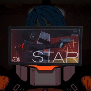 May include: A black and white embroidered patch with a futuristic soldier holding a gun. The patch has the words "STAR" and "AEON" on it.
