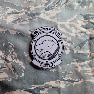 May include: A gray and black embroidered patch with a dog's head and the text "498th Tactical Fighter SQ WARDOG".