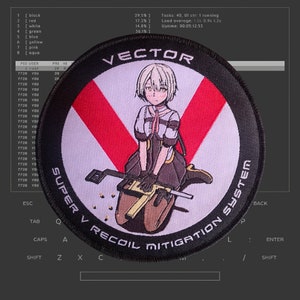 May include: A black and white circular patch with the text "VECTOR SUPER V RECOIL MITIGATION SYSTEM" around the edge. In the centre of the patch is a cartoon illustration of a girl with white hair, wearing a black dress and holding a gun. The background of the patch is white.