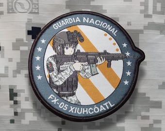 May include: A circular patch featuring an anime-style illustration of a person in military gear holding a rifle. The patch has the text "GUARDIA NACIONAL" and "FX-05 XIUHCOATL" in a blue and white design with a star border.