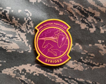 May include: A circular patch with a purple centre and a gold border. The patch features a white horse and rider, a shield, and the word "STRIDER". The text "124th TACTICAL FIGHTER SQ." is arched across the top.