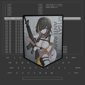 Może przedstawiać: Cyfrowa ilustracja kobiety trzymającej karabin. Ma na sobie żółty top bikini i białą spódniczkę. Tło to szary i biały wzór z tekstem "M16A1 ANTI RAIN".