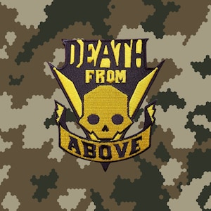 May include: A black and yellow embroidered patch with a skull and the text "DEATH FROM ABOVE".