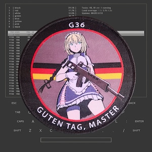 May include: A round, gray patch with a black border. The center of the patch features a cartoon anime-style woman in a maid outfit holding a rifle. The woman has blonde hair and blue eyes. The patch has the text "GUTEN TAG, MASTER" in black lettering around the edge. The text "G36" is in white lettering at the top of the patch.