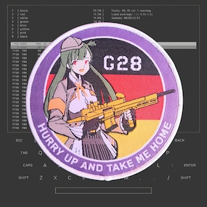 May include: A round, purple and white embroidered patch with a cartoon illustration of a woman holding a rifle. The woman has green hair and red eyes. The patch has the text "G28" and "HURRY UP AND TAKE ME HOME" in white.