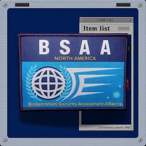 May include: A rectangular embroidered patch featuring the text BSAA NORTH AMERICA and Bioterrorism Security Assessment Alliance in yellow and white. The design includes a globe icon with laurel leaves and a stylized letter E on a blue background.