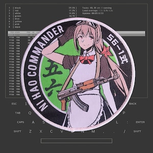 May include: A round, black and green embroidered patch with a white outline. The patch features a cartoon anime girl holding an assault rifle. The text "NI HAO COMMANDER" is written vertically on the left side of the patch. The text "56-1式" is written vertically on the right side of the patch.