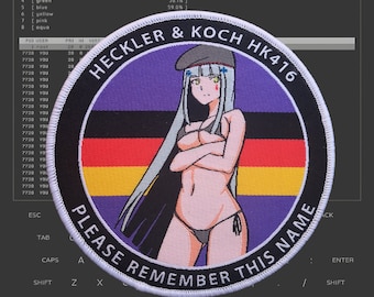 May include: A round, purple and black patch with a white border. The patch features a cartoon woman with white hair and a black beret. The woman is wearing a black bikini and has her arms crossed. The text "HECKLER & KOCH HK416" is printed in white on the patch. The text "PLEASE REMEMBER THIS NAME" is printed in white on the bottom of the patch.