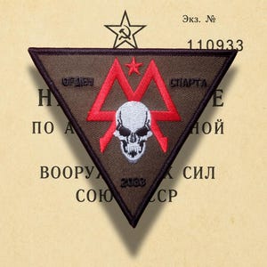 May include: A triangular embroidered patch with a dark brown background and a black border. The design features a red geometric symbol, a small red star, and a white skull with black eye sockets. Cyrillic text is present on the patch.