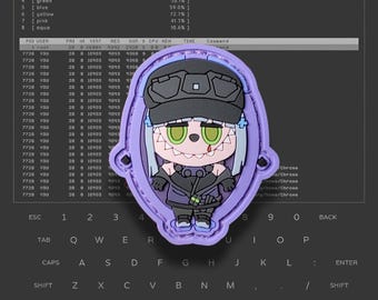 May include: A purple patch featuring a cartoon character with green eyes, wearing a black hat and outfit. The patch is surrounded by a purple border. A computer screen and keyboard are in the background.