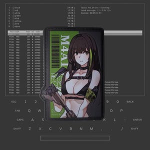 Op de afbeelding: Een groene en zwarte patch met de tekst "M4A1" en een cartoonafbeelding van een vrouw met groen haar die een pistool vasthoudt. De tekst "PRIVATE MILITARY" is ook zichtbaar op de patch.