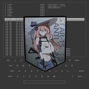 Peut inclure: Illustration numérique d'une femme aux cheveux roses portant un débardeur blanc, un jean bleu et un chapeau de paille avec un ruban bleu. Elle tient un fusil et a un patch sur le bras qui dit "STAR-15 ANTI".