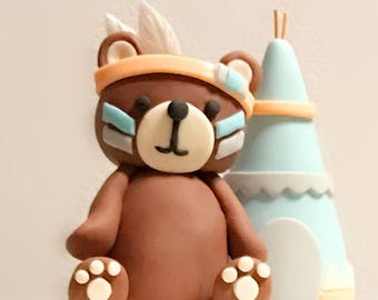 Fondant woodland tribal Cake Topper Set - Indian Native Bear cake baby shower Topper - 3D Animal figure fondant
