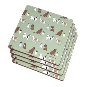 May include: Set of four green square coasters with a pattern of various dog breeds in different colors. The coasters are made of cork.