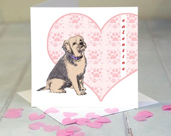 May include: A Valentine's Day card featuring a dog illustration. The card has a pink heart with paw prints and the word "valentine" in red. The dog is wearing a purple collar and is sitting on a white background.