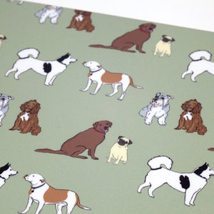 May include: A green background with a repeating pattern of various dog breeds. The dogs are illustrated in a cartoon style and include a pug, a labrador, a schnauzer, a husky, and a spaniel.