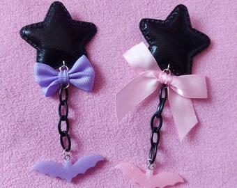 Pastel goth Dangle star bat fabric hairclips kawaii cute pastel pink black purple egl fairy kei dolly party punk decora hairaccessorie