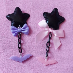 Pastel goth Dangle star bat fabric hairclips kawaii cute pastel pink black purple egl fairy kei dolly party punk decora hairaccessorie