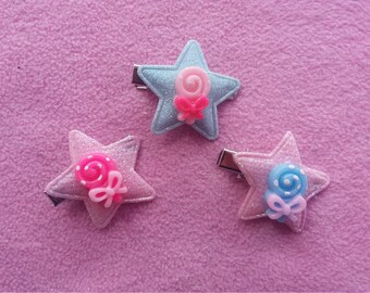 Kawaii cute small pastel candy bear bow star resin hairclips lolita fairy kei pastel goth dolly party kei punk stars hearts pink blue
