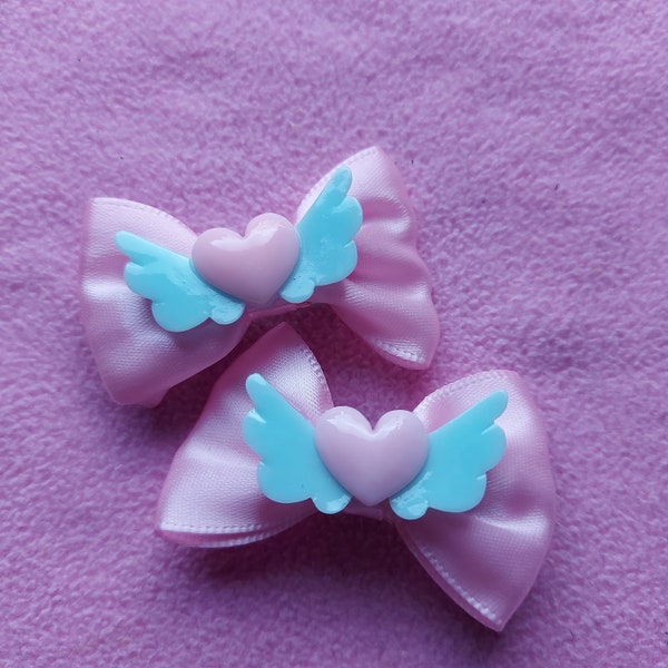 Kawaii pastel sweet pink and blue hair bow clips | halloween set of 2, harajuku pastel goth cute lolita fairy kei punk easter hair accessory