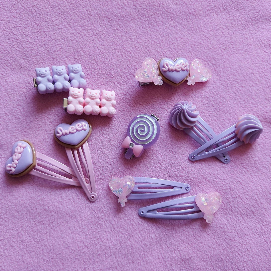 Pastel Kawaii Pink and Purple Candy Hair Accessories Hairclips Set