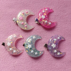 Kawaii cute small resin moon star hairclips | egl fairy kei pastel goth dolly party kei punk pink blue candy sweets lollipop panda bear