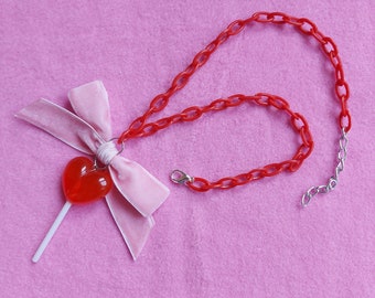 Red & pink pastel heart lollipop necklace festival egl jewelry kawaii candy fairy kei  j-fashion cute harajuku valentines day gift lovecore