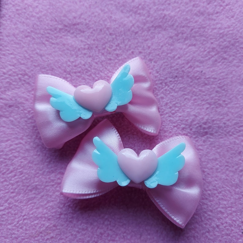 harajuku pastel goth cute lolita fairy kei punk easter hair accessory Kawaii pastel sweet pink and blue hair bow clips halloween set of 2