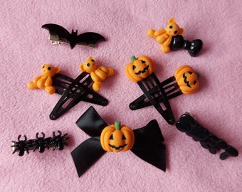 Pastel goth black and orange pumpkin halloween hair accessories hairclips set (harajuku, gothic pastel goth, kawaii, star, cat, kawaii)