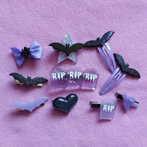 Pastel goth black and purple hair accessories hairclips set (fairy kei, harajuku, gothic pastel goth, kawaii, star, cat, kawaii)