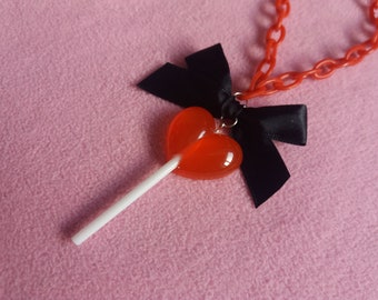 Red and black pastel goth heart lollipop necklace punk festival egl jewelry sweet candy fairy kei  bow j-fashion cute resin necklace