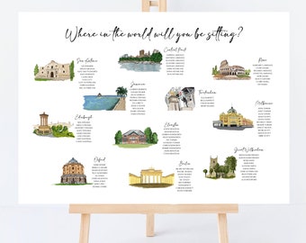 May include: A wedding seating chart with a white background and black text. The chart is divided into sections, each with a different city name and a list of names underneath. The cities are illustrated with watercolor drawings of famous landmarks.