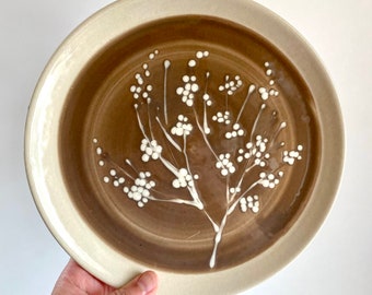 Handmade Stoneware Ceramic Plate / Food Plate / Family Gift / Wedding Gift / Present / Brown and White / 22cm