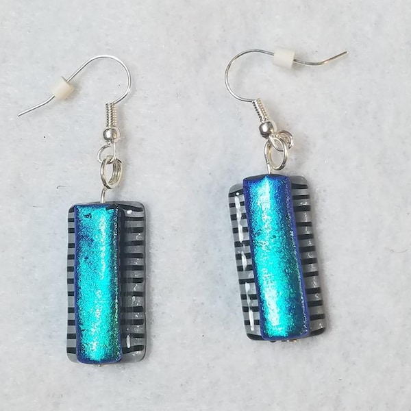 Teal blue color shift dicro glass kiln fused on clear and black striped glass with silver ear wires