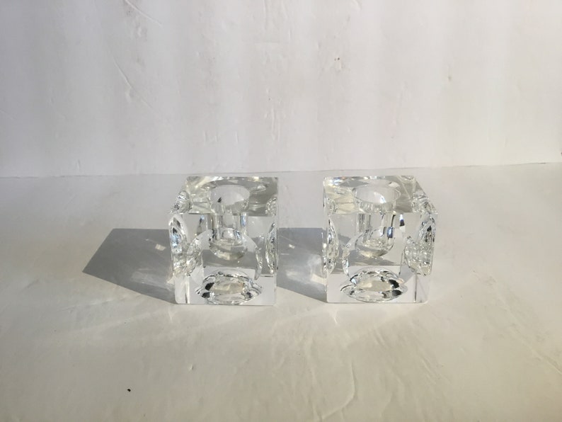 Pair Vintage Clear Crystal Candleholder Cubes With Concave Indentures On All Sides 2X2\u201d