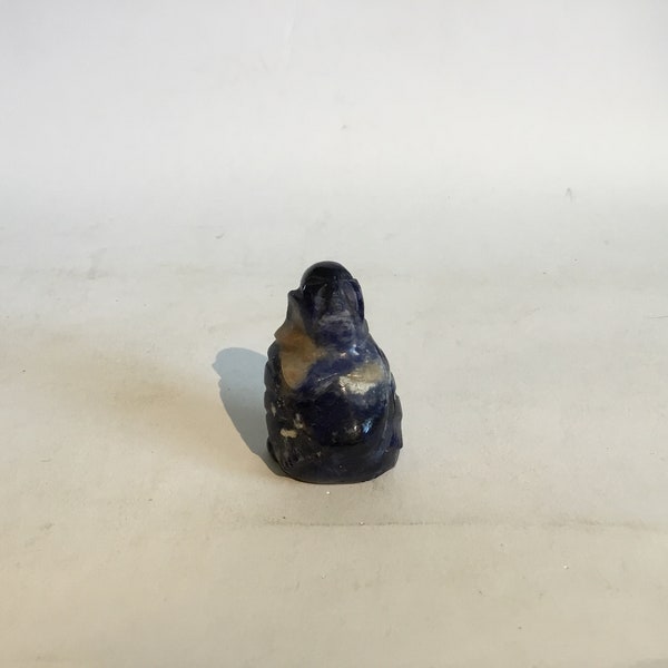 Vintage Small Hand Carved Sodalite Seated HoTei Buddha H 2” W 1.25”  D 1” Beautiful Shades Of Blue.