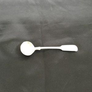 May include: A silver spoon with a rounded bowl and a simple, straight handle.