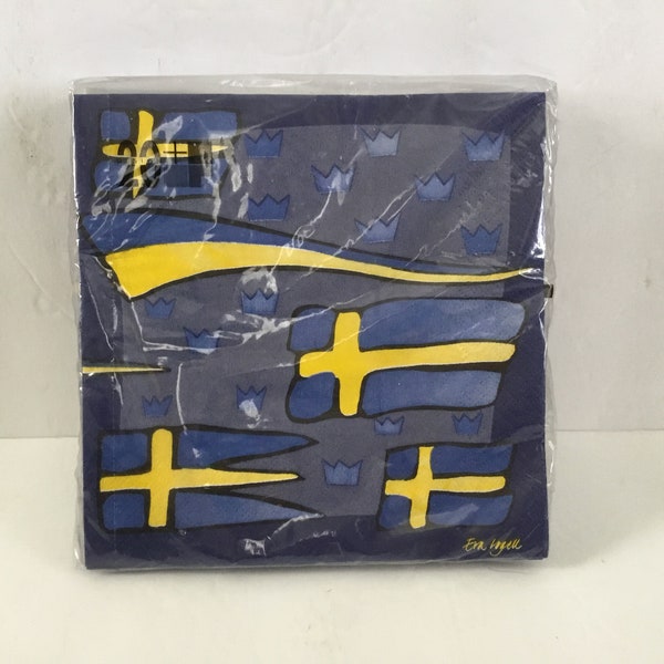 Swedish Flag Paper Napkins 6.5 “Sq 3 Ply Pack Of 20 Environmentally Friendly, Royal Blue W/Softer Blue Crowns Swedis Flags