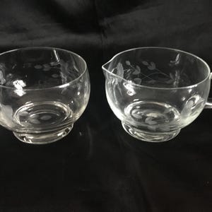 Vintage 1950’s Clear Glass Creamer And Sugar Bowl With Etched Floral Design,